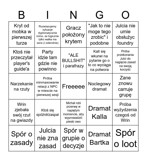 Sesyjka Bingo Card