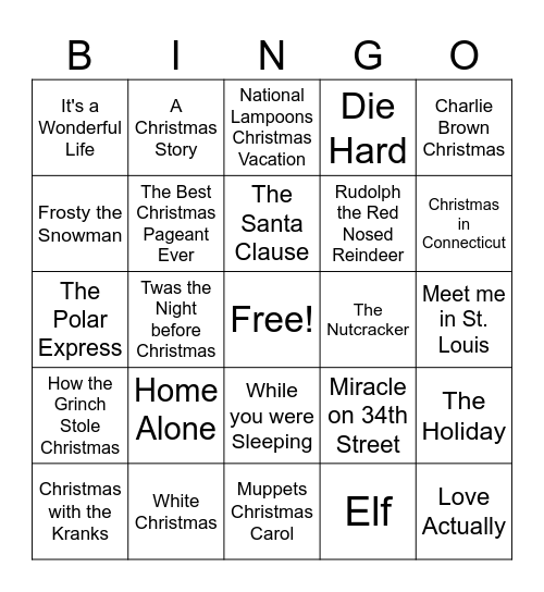 Holiday Movie Bingo Card