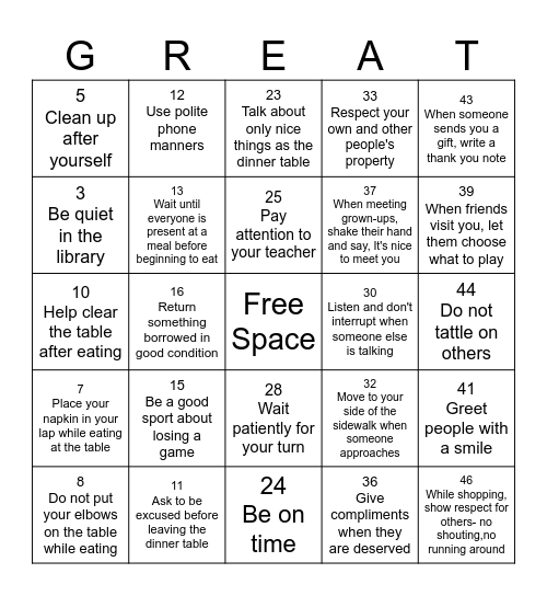Great Manners Bingo Card
