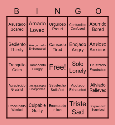 Emotions Bingo Card