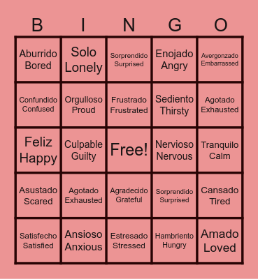 Emotions Bingo Card