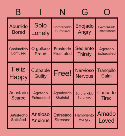 Emotions Bingo Card