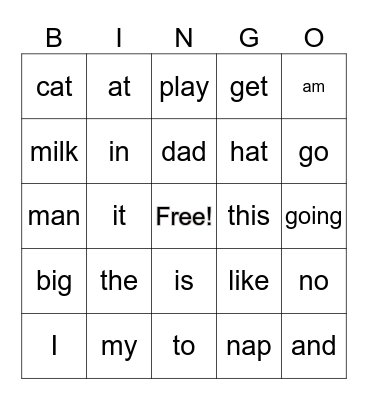 Sight Word Bingo Card