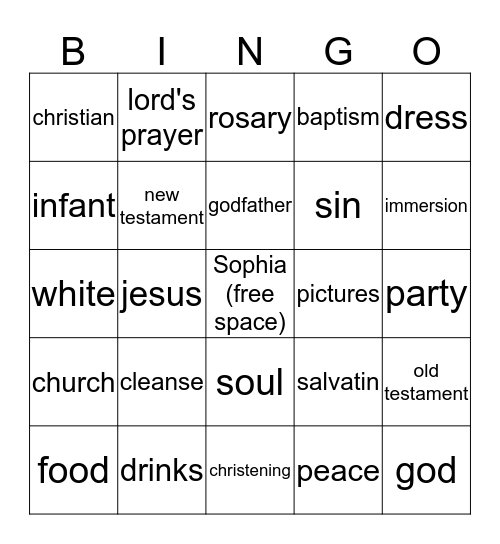 Baptism Bingo Card