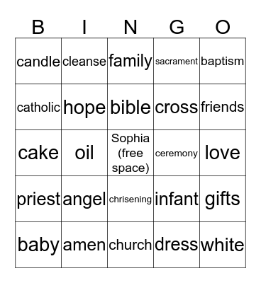 Baptism Bingo Card