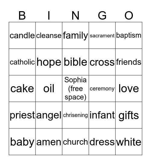 Baptism Bingo Card