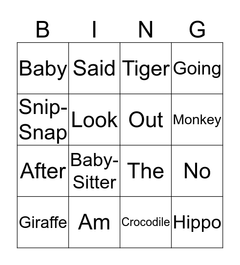 Baby Sitters Bingo Card