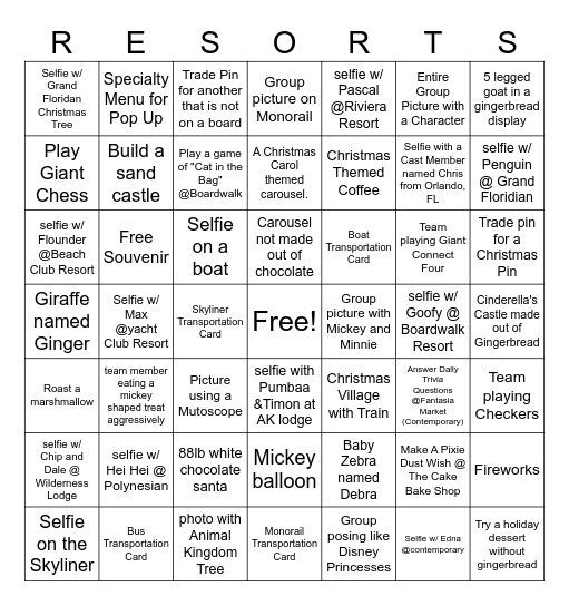 2024 Resort Christmas and Gingerbread Crawl Bingo Card