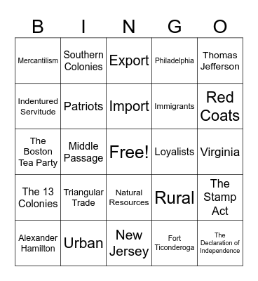 The American Revolution Bingo Card