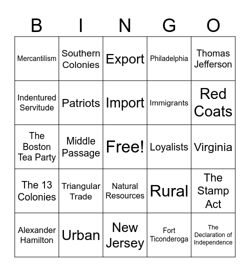 The American Revolution Bingo Card