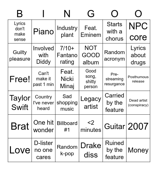 M u s I c c Bingo Card