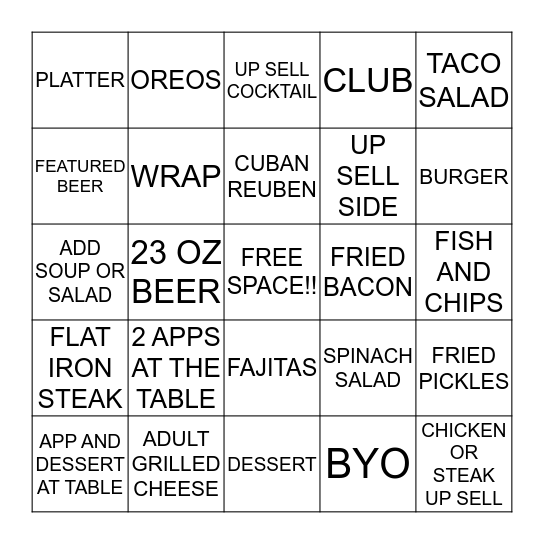 Tap House Server Bingo  Bingo Card