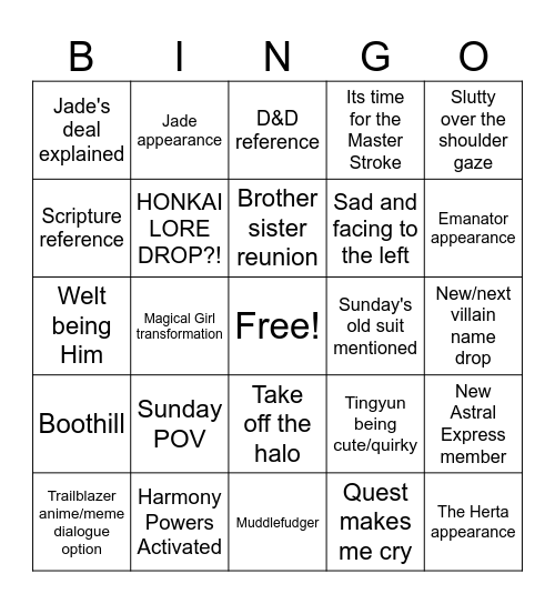 HSR 2.7 Bingo Card