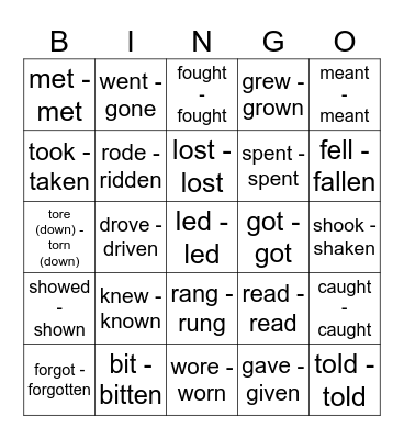 Irregular verbs (2nd + 3rd form) Bingo Card