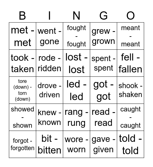 Irregular verbs (2nd + 3rd form) Bingo Card