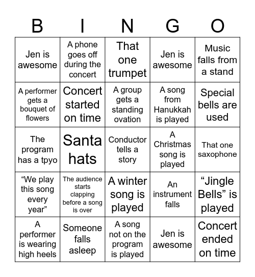 Winter Concert Bingo Card