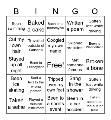 Never have I ever… Bingo Card
