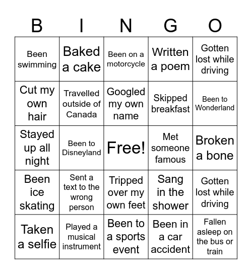 Never have I ever… Bingo Card