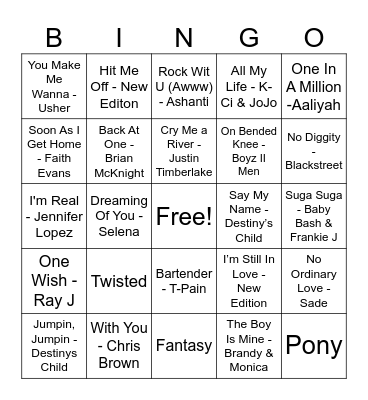R&B Songs Bingo Card