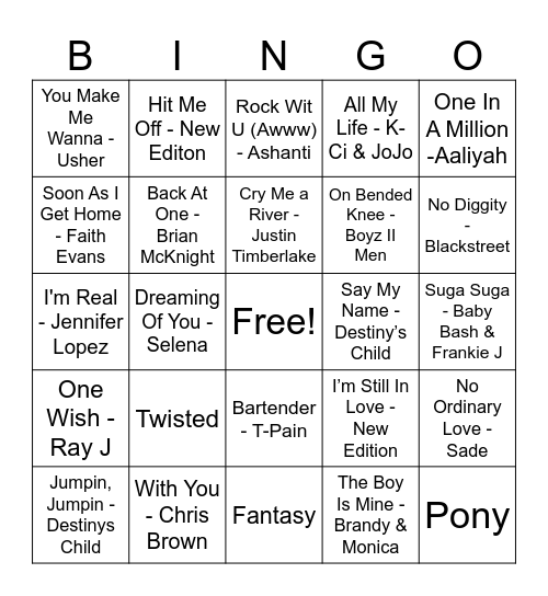 R&B Songs Bingo Card