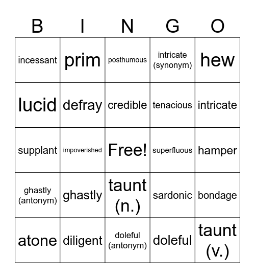 Unit 6 Vocabulary Bingo Card