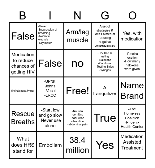 Harm Reduction Bingo Card