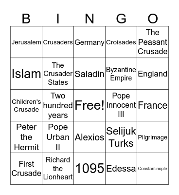 The Crusades Bingo Card