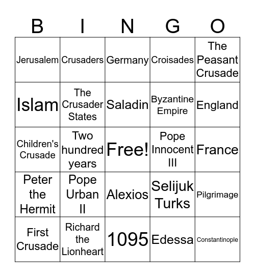 The Crusades Bingo Card