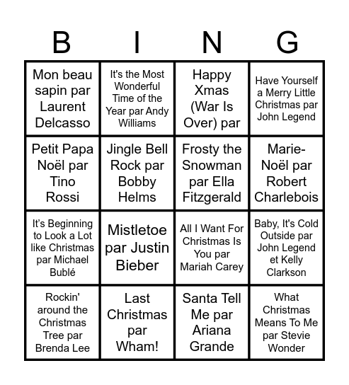 Tunes de Noël Bingo Card