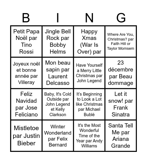 Tunes de Noël Bingo Card