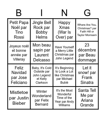 Tunes de Noël Bingo Card