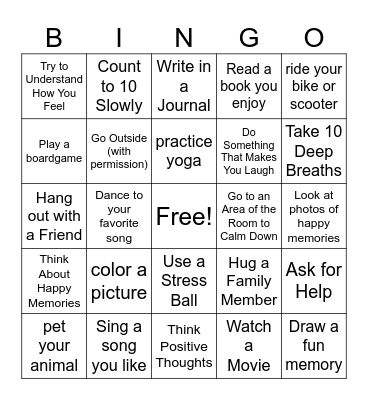 Coping Skills Bingo Card