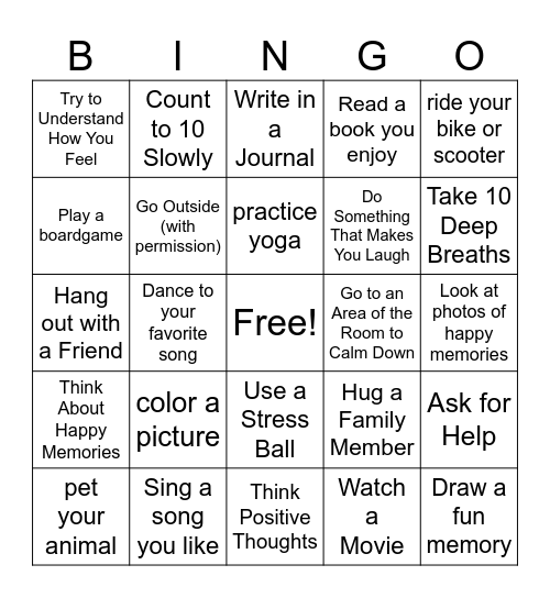 Coping Skills Bingo Card