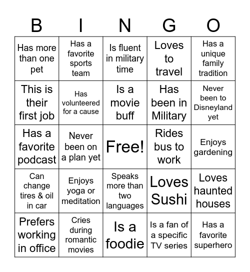 Know Your Co-Worker? Bingo Card