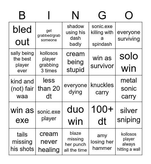 sonic.exe td bingo Card