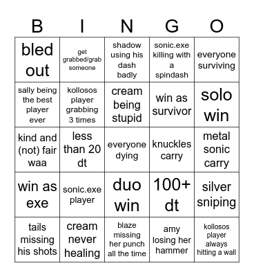 sonic.exe td bingo Card
