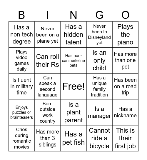 Know Your Co-Worker? Bingo Card