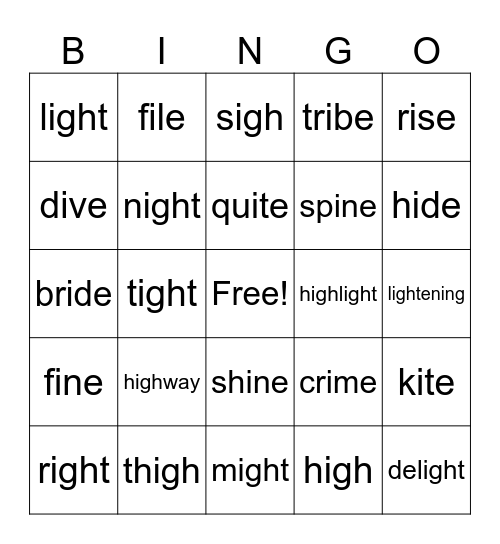 Long I Words Bingo Card