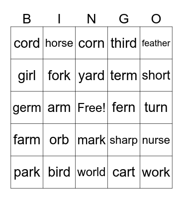 R Controlled Vowel Words Bingo Card