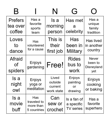 Know Your Co-Worker? Bingo Card