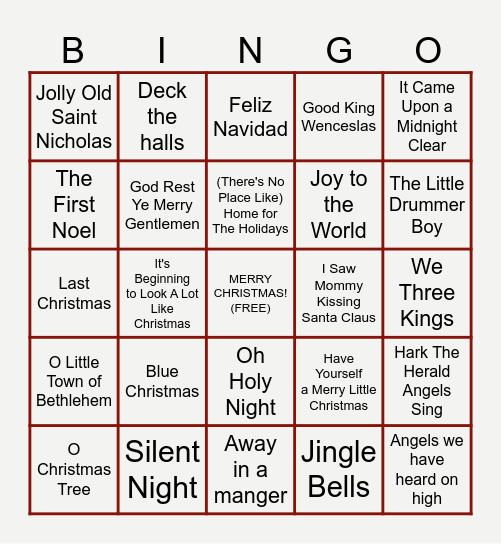 Christmas Music BINGO Card