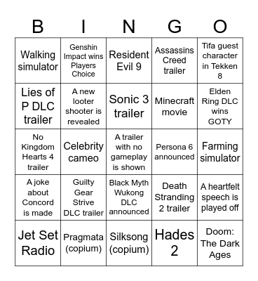 Game Awards 2024 Bingo Card