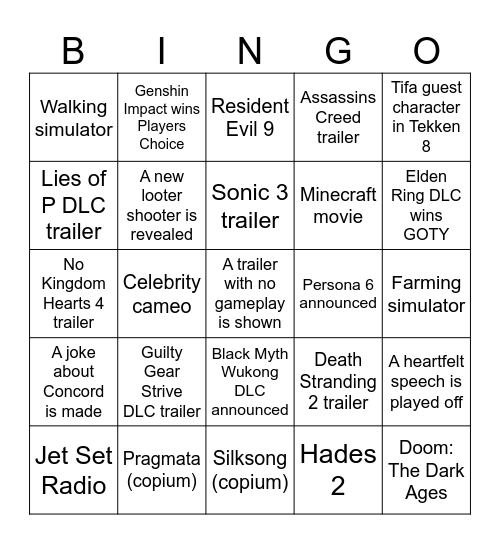 Game Awards 2024 Bingo Card