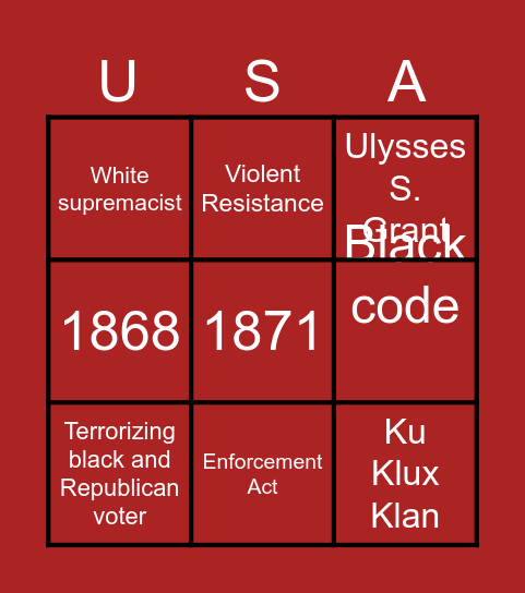 Southern White Response To Reconstruction Bingo Card