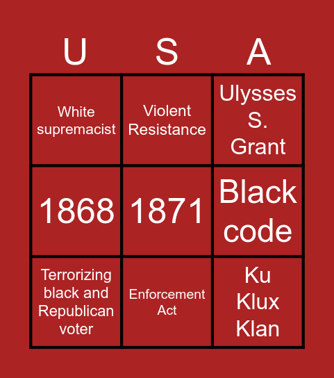 Southern White Response To Reconstruction Bingo Card