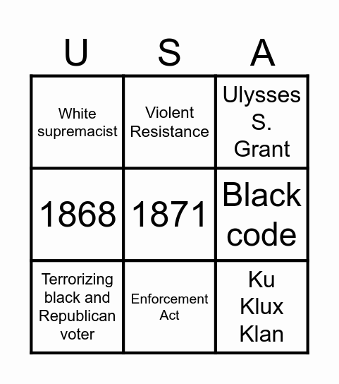 Southern White Response To Reconstruction Bingo Card