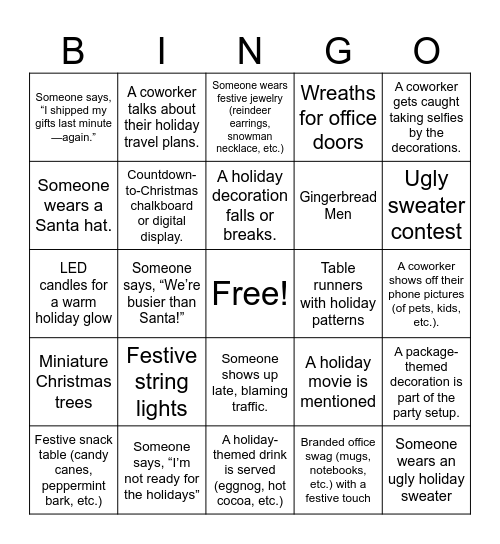 Delivering Holiday Cheer Bingo Card