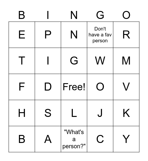 Fav letter from you fav person(s) name Bingo Card