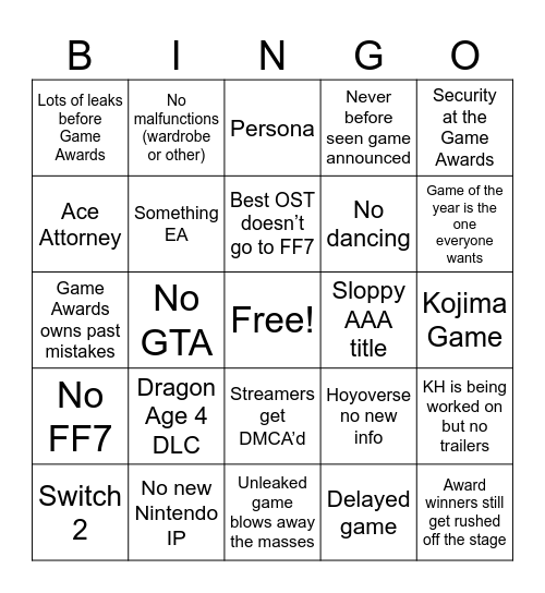 Game Awards via Tarot Cards Bingo Card