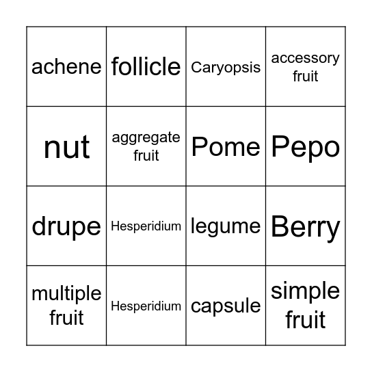 Fruit Types Bingo Card